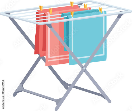 Vector illustration of a drying rack holding colorful towels against a plain white background simple design