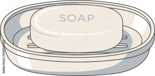 Clean ivory soap bar with the word soap and a soap dish in a simple and minimalist vector illustration