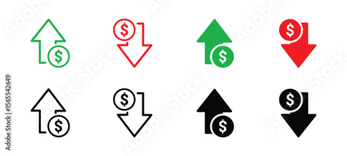 Money increase or decrease icon set. dollar decrease increase symbol. profit and lose signs. vector illustration . 