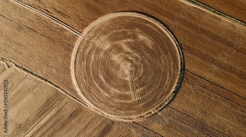Top down Satellite view of a giant crop circle in a wheat field mysterious and precise