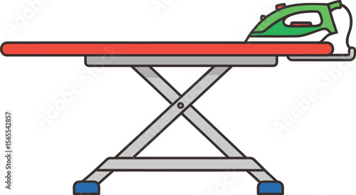 An illustration of a red and grey ironing board with a green iron ready for use in the house