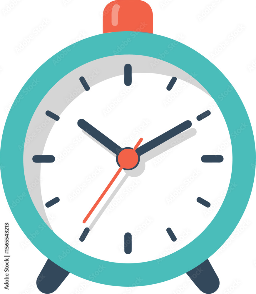 Illustrated teal alarm clock displaying time with orange accent simple and colorful vector design Illustrated teal alarm clock displaying time with orange accent simple and colorful vector design