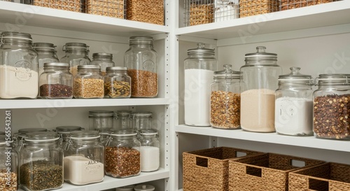Organized pantry with glass jars filled with various dry goods and wicker baskets neatly arranged on white shelves