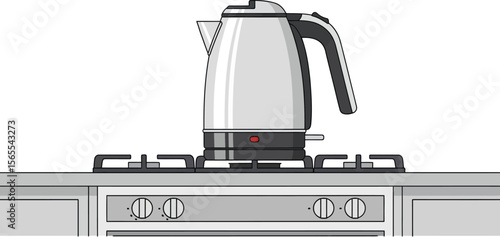 Illustration of a modern electric kettle resting on a stove top in a minimalist kitchen scene