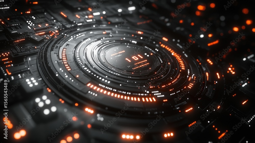 Obraz premium Futuristic circuit board interface with glowing rings