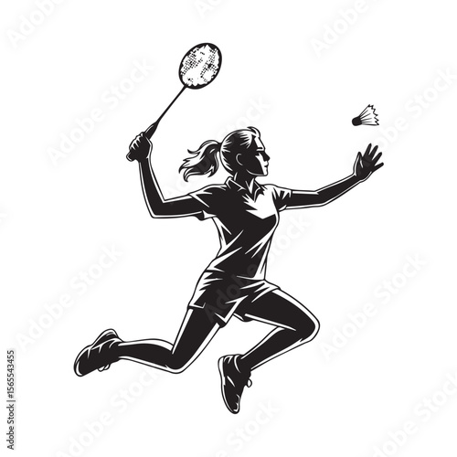 A female badminton player jumps high to hit the shuttlecock, isolated on white background