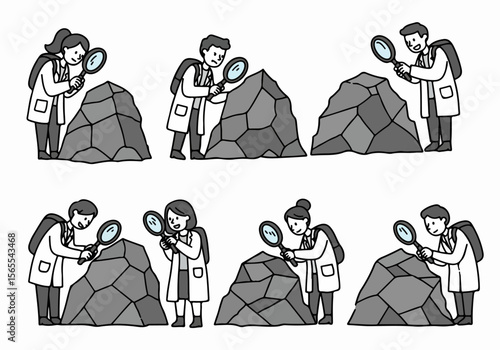 Cartoon scientists or students examining rocks with magnifying glasses, representing geological research, education, or discovery.