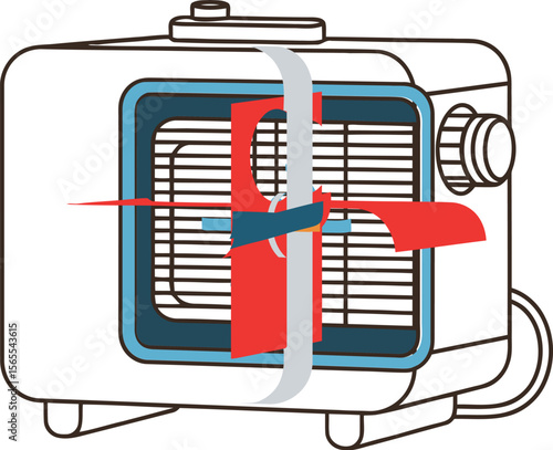 A stylized illustration of a classic air cooler showcasing fan blades and temperature control settings in a simple outline