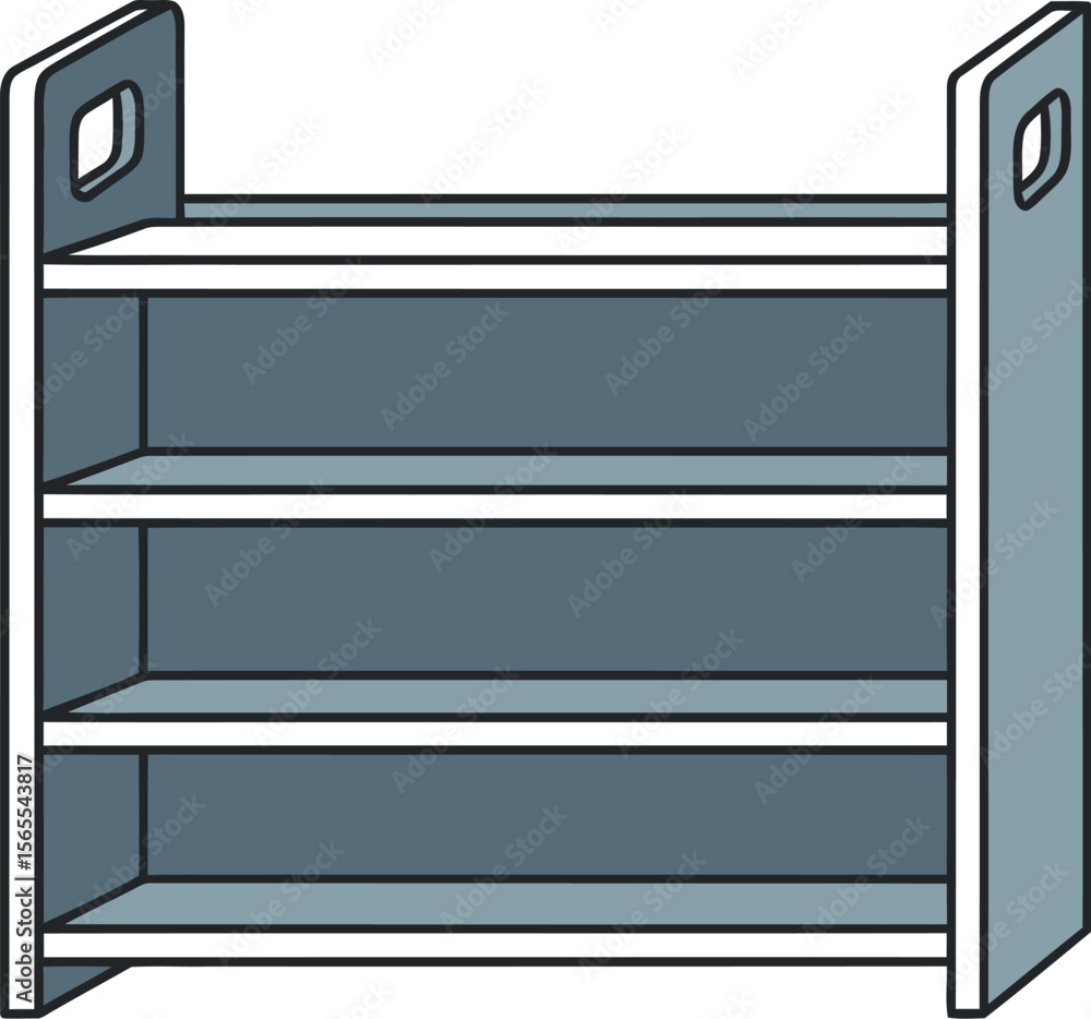 Simple illustration of a blue and white shelf storage unit with three shelves for organization and display Simple illustration of a blue and white shelf storage unit with three shelves for organization and display