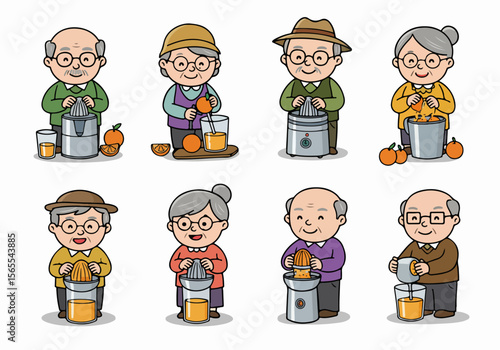 Cartoon collection depicting happy elderly men and women making fresh orange juice using different types of juicers.