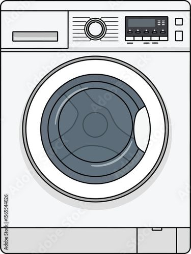 Vector illustration of a modern white washing machine with digital display and front loading door.