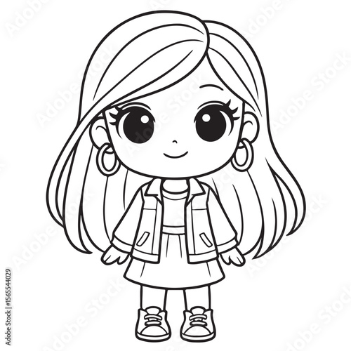 Cute Chibi Girl Coloring Page – Adorable Kawaii Line Art for Kids