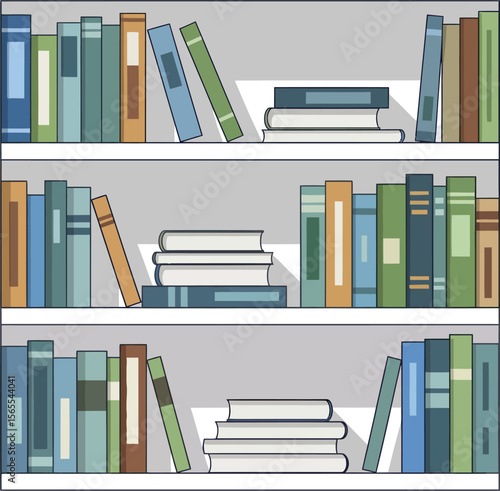 Colorful illustrated bookshelves featuring assorted books arranged on three shelves for reading and education