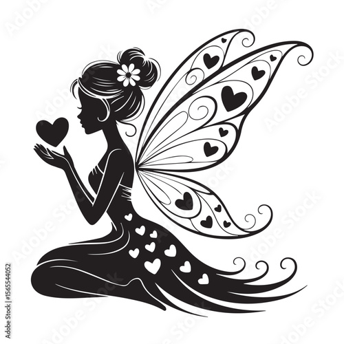 A black silhouette of a fairy with heartshaped wings, holding a heart, isolated on white background