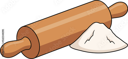 A wooden rolling pin and pile of white flour ready for baking in a cartoon or illustration style