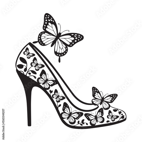 A black and white illustration of a highheeled shoe decorated with butterflies, isolated on white background