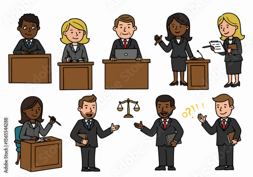 Cartoon illustration set of diverse legal professionals including judges, lawyers, and courtroom staff, representing the justice system and legal profession.