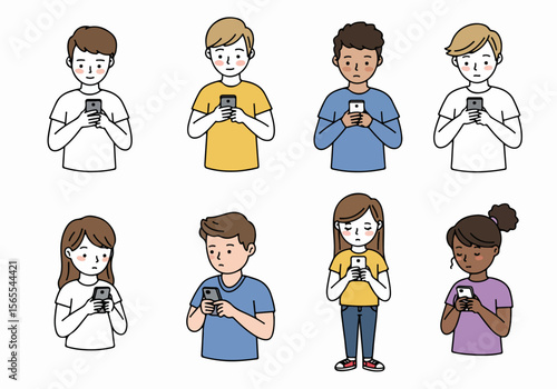 Cartoon illustration set of diverse young people using mobile phones with various expressions, isolated on a white background.