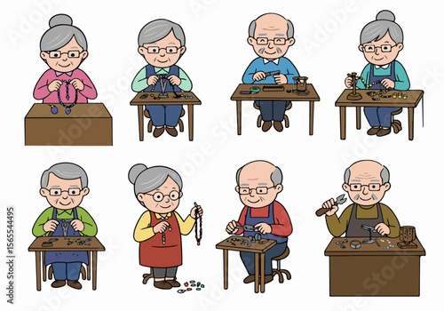 Cartoon illustration set of happy senior citizens enjoying jewelry making and crafting as a hobby.