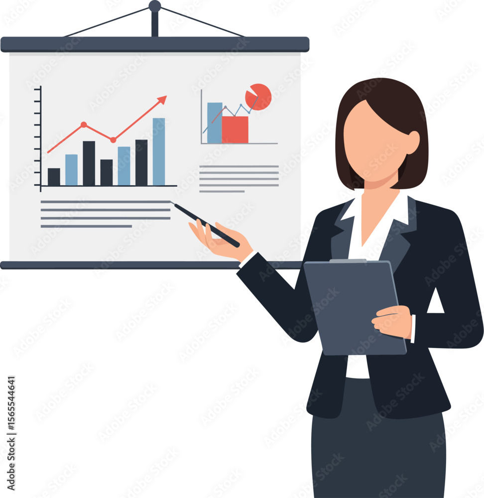 Businesswoman presenting financial charts and graphs during a corporate business meeting or presentation illustration Businesswoman presenting financial charts and graphs during a corporate business meeting or presentation illustration