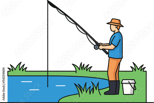 A cartoon illustration depicting a fisherman enjoying recreational angling on the riverbank near a bucket