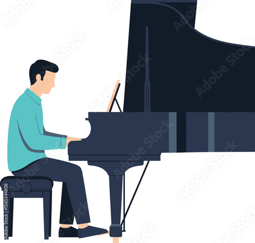 A minimalist vector illustration of a musician playing a grand piano with sheet music on a stand