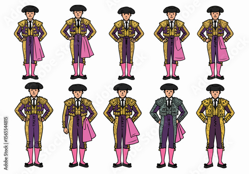 Cartoon illustration of bullfighters (matadors) in traditional Spanish suits, depicted in a grid format, showcasing cultural attire and characters.