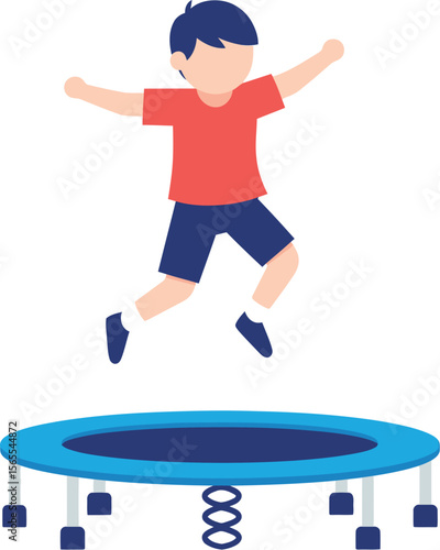 Cheerful illustration of a young boy enjoying a fun activity by jumping high in the air on a trampoline