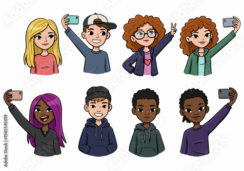 Set of diverse cartoon illustrations of young people taking selfies and posing, isolated on a white background, representing youth and social media.