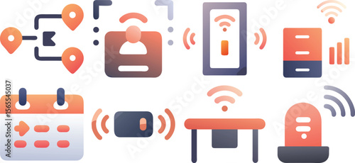 Vector art of a set of modern iot icons isolated on transparent background, featuring wireless devices, network connections, and calendar symbols in orange gradient.