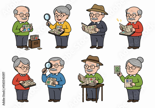 Cartoon illustrations of senior citizens enjoying hobbies like collecting stamps and looking through photo albums, isolated on a white background, showing different poses and emotions.