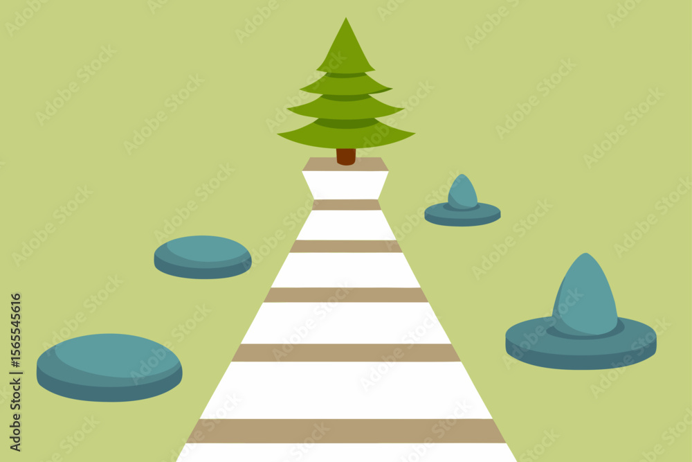 Fototapeta premium Green Christmas tree on a snowy road with festive decorations in winter illustration