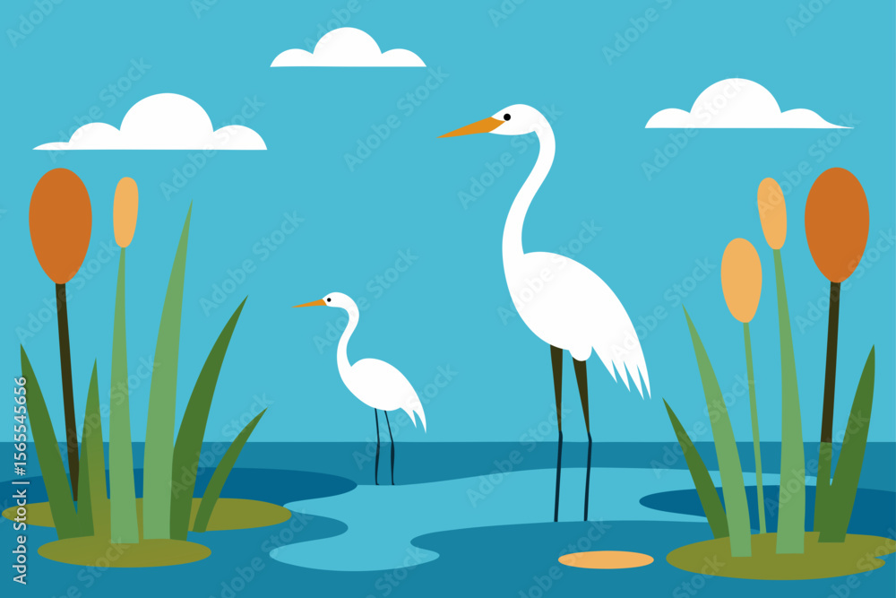 Obraz premium Birds resting on grass and trees in a summer wildlife illustration
