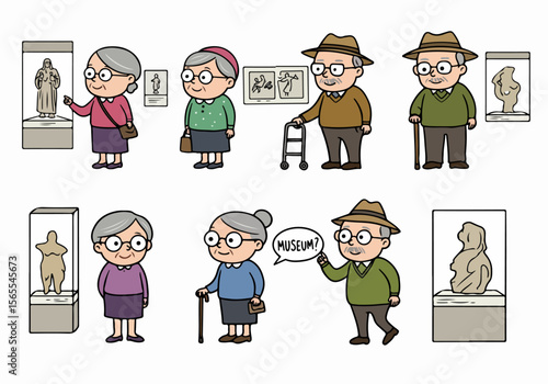 Illustration set of senior people visiting a museum, looking at art and sculptures. Some use mobility aids.