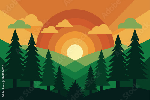 Sunset Mountain Landscape Serene Evergreen Forest Silhouette at Golden Hour