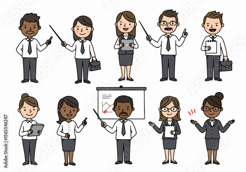 Diverse group of cartoon business people presenting, discussing, and working in an office environment, perfect for corporate communication and training materials.