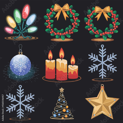 vector Happy New Year Celebrating 2025 in Latin letters , Christmas Decoration Items Santa Claus
