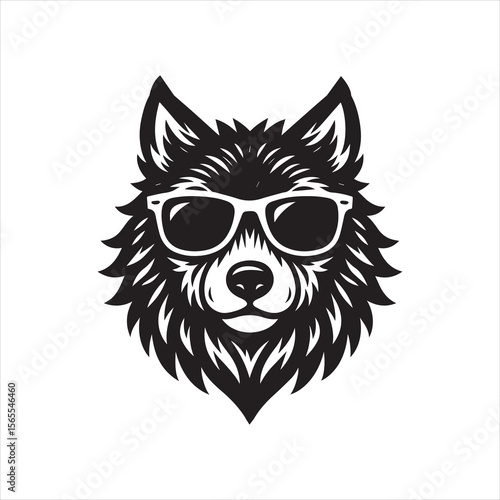 wolf head and sunglass vector illustration, wolf head and sunglass silhouette vector, wolf logo vector black on white background