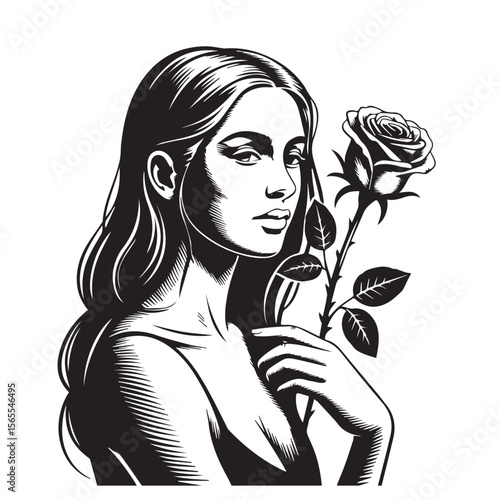 A woman with long hair holds a single rose, isolated on white background