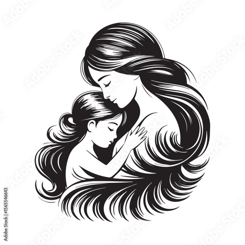 A mother tenderly embraces her daughter, a black and white illustration