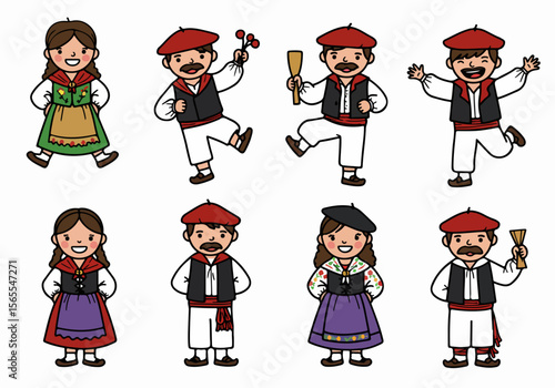 Cartoon characters in traditional Basque folk costumes, dancing and standing, representing regional culture and celebration.
