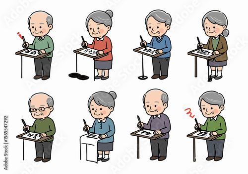 Illustration of a group of elderly Japanese seniors practicing calligraphy, writing with a brush and ink, as a hobby or class.