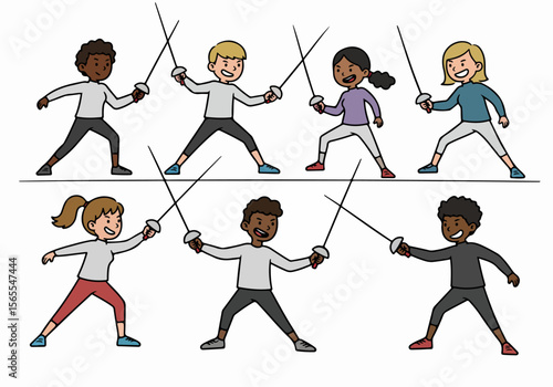 Diverse group of multiracial children practicing fencing, a fun and active sport and hobby for kids, isolated cartoon illustration on white background.