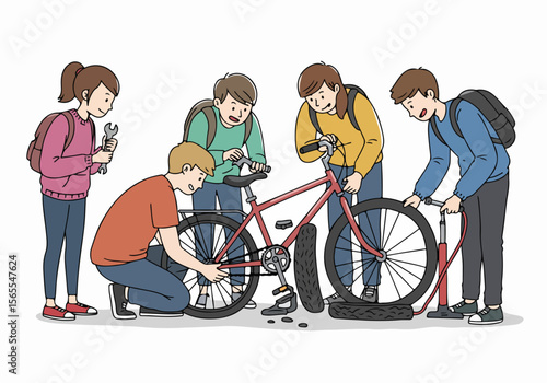 Group of diverse young people collaborating to repair a bicycle together, using tools and a pump to fix a flat tire.