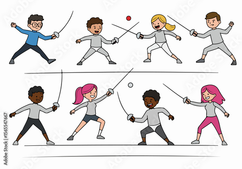 Cartoon illustration of diverse adults and children practicing fencing, showing different poses and interactions in the sport.