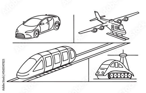 Four different modes of transportation illustrated in black and white