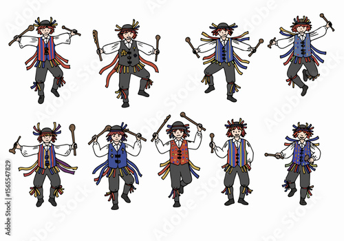 Cartoon folk dancers in traditional costumes with sticks, multiple figures and poses, dancing on a white background, set collection illustration.