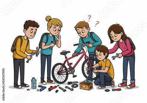 Group of diverse kids and teenagers attempting to fix a bicycle together, looking confused and surrounded by tools on a white background.