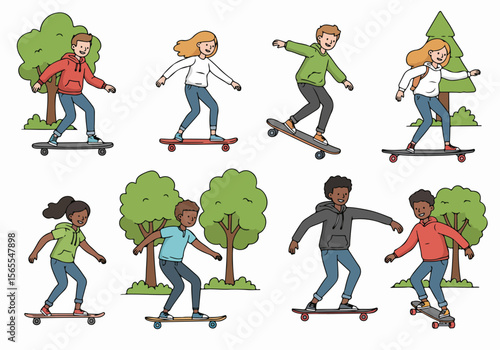 Diverse Youth Skateboarding in Park - Fun Outdoor Activity Illustration Collection
