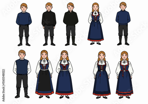 Variety of traditional Norwegian folk costumes (Bunad) illustrated, showing male and female outfits.